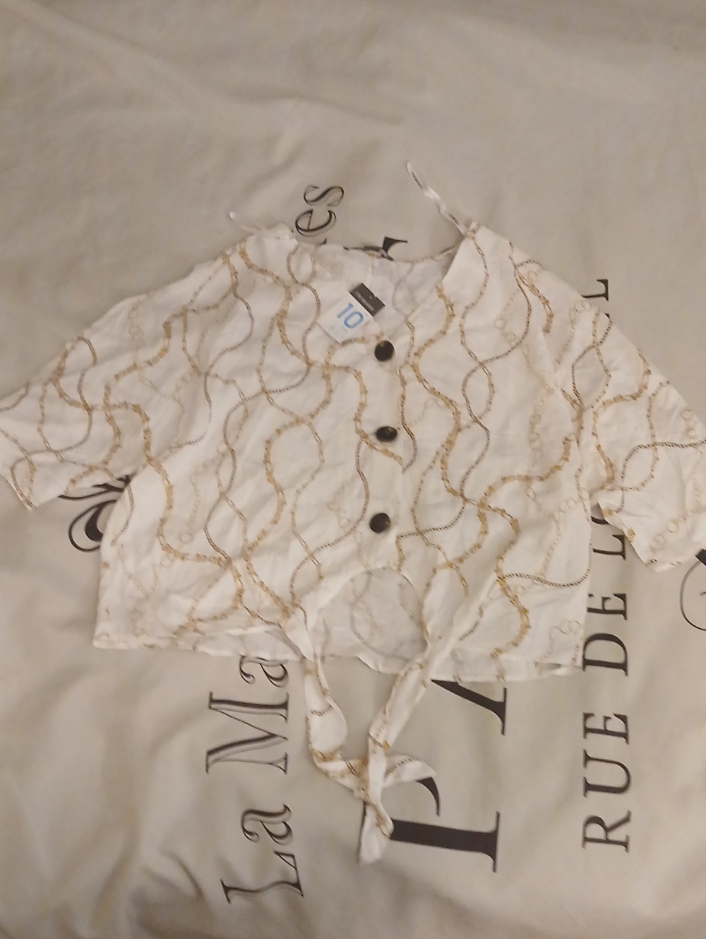 Primark White Button Tie-Front Blouse with Gold Chain Print